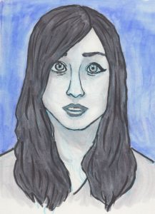 A lack-and-white drawing portrait of Rikki Poynter with a blue background.
