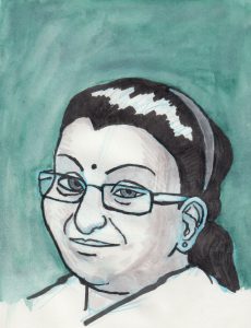 An illustrated drawing of Lavanya Sathasivam with a blue-green background. 
